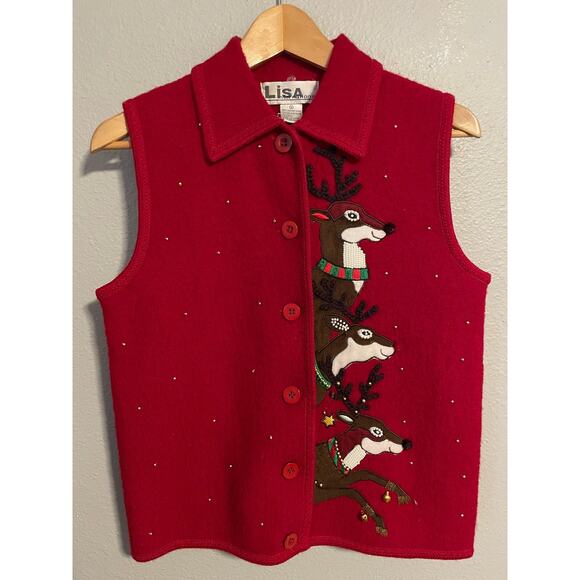 Lisa International Sweater Vest Womens Small Wool Reindeer Christmas Holiday 90s - Picture 1 of 7